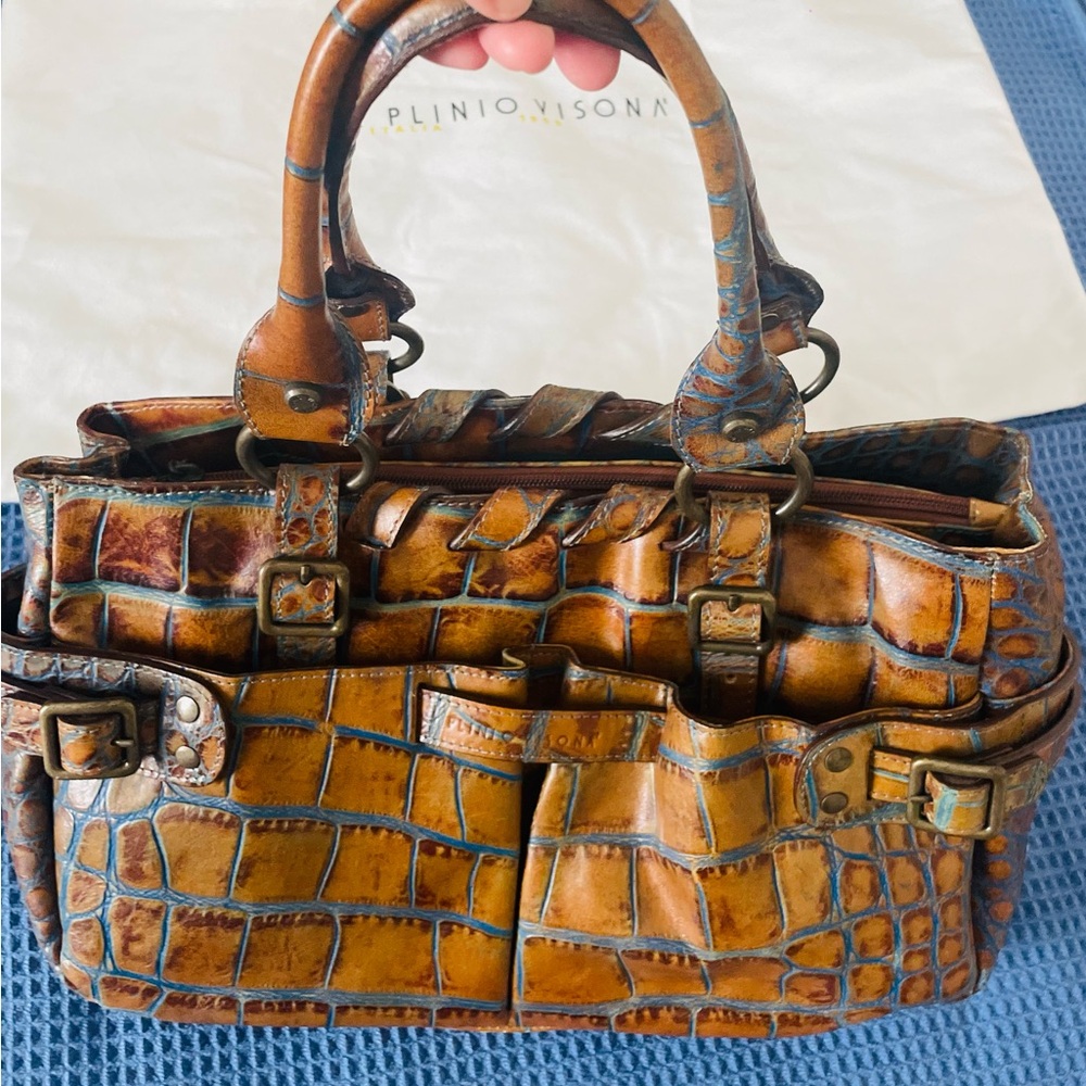 Plinio Visona Two-Tone Croc-Embossed Brown and Tan Leather Satchel